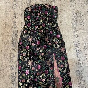 Make a Move Black Satin Floral Jacquard Strapless Midi Dress